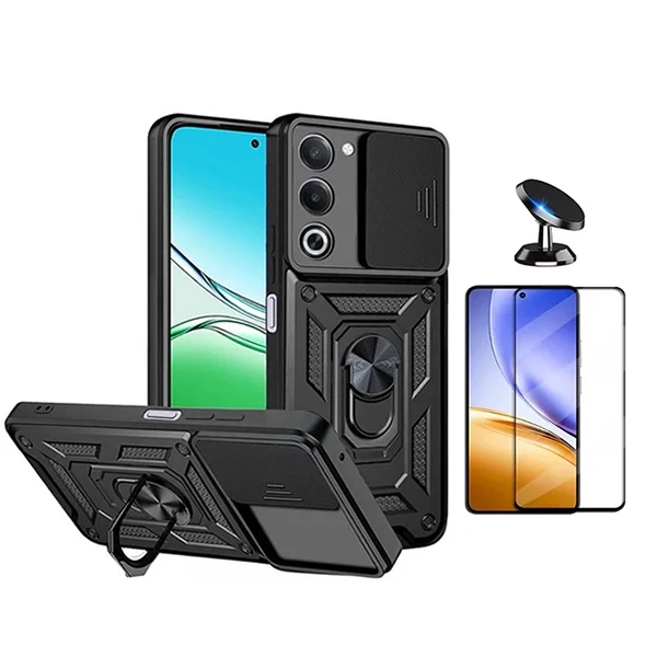 Kit Vidro + Capa Magnetic Slide Window + Suporte Magnético PHONECARE Para Oppo A5 4G - Preto