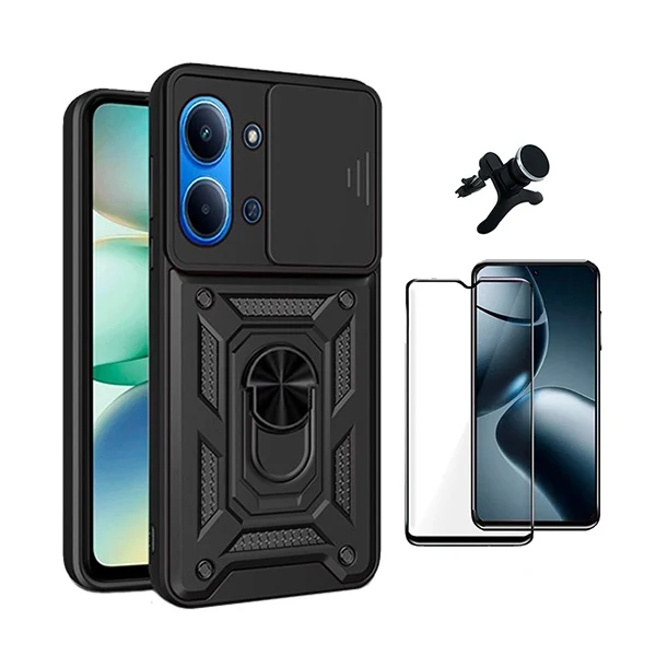 Kit Vidro + Capa Magnetic Slide Window + Suporte Reforçado PHONECARE Para Xiaomi Redmi 15C 4G - Preto
