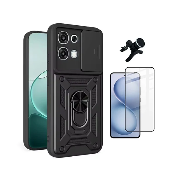 Kit Vidro + Capa Magnetic Slide Window + Suporte Reforçado PHONECARE Para Oppo A6 Pro 4G - Preto
