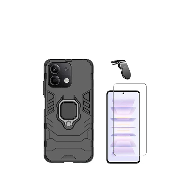 Kit Vidro Clearglass + Capa 3X1 Military Defender + Suporte Magnético L Safe Driving Carro para Xiaomi Redmi Note 13 - Preto