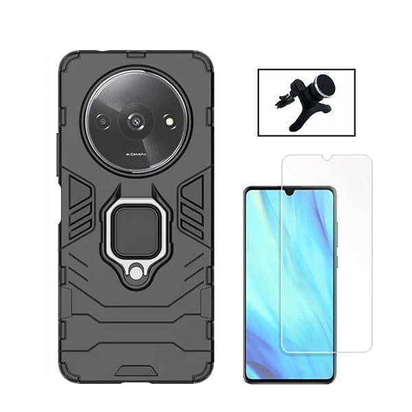 Kit Vidro Clearglass + Capa 3X1 Military Defender + Suporte Magnético de Carro Reforçado para Xiaomi Redmi A3 - Preto