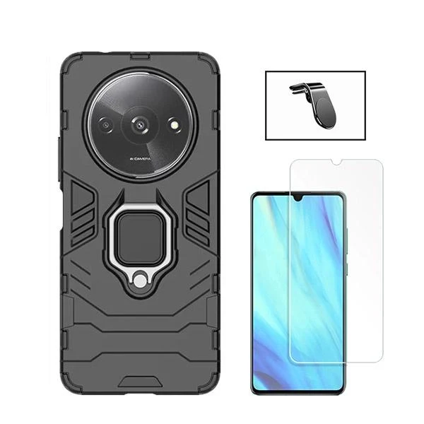 Kit Vidro Clearglass + Capa 3X1 Military Defender + Suporte Magnético L Safe Driving Carro para Xiaomi Redmi A3 - Preto