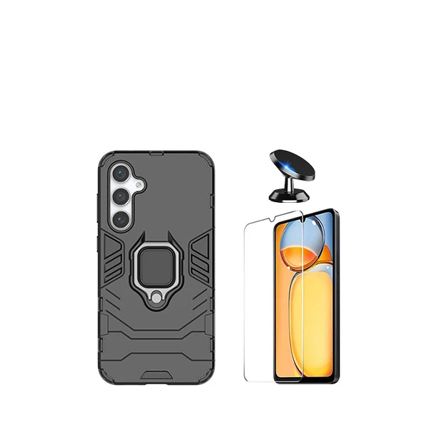 Kit Vidro Clearglass + Capa 3X1 Military Defender + Suporte Magnético de Carro para Samsung Galaxy A15 - Preto