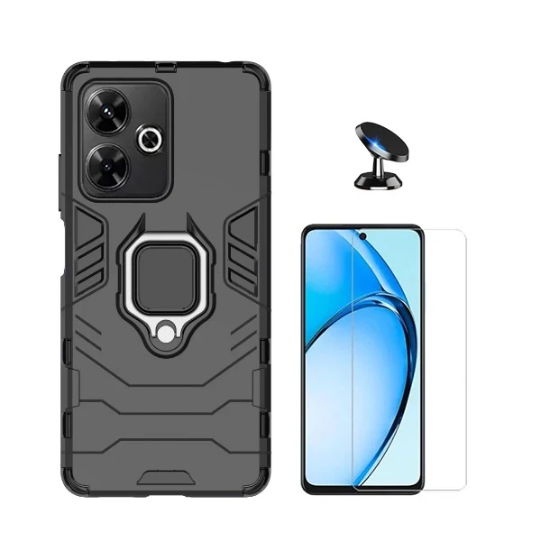 Kit Vidro Clearglass + Capa 3x1 Military Defender + Suporte Magnético de Carro para Xiaomi Poco M6 4G - Preto