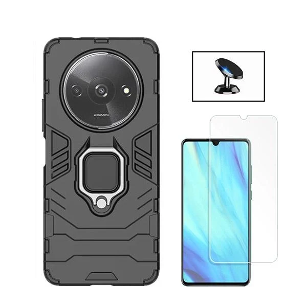 Kit Vidro Clearglass + Capa 3X1 Military Defender + Suporte Magnético de Carro para Xiaomi Redmi A3 - Preto