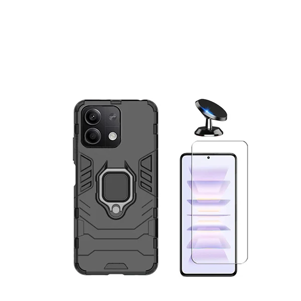 Kit Vidro Clearglass + Capa 3X1 Military Defender + Suporte Magnético de Carro para Xiaomi Redmi Note 13 Pro - Preto