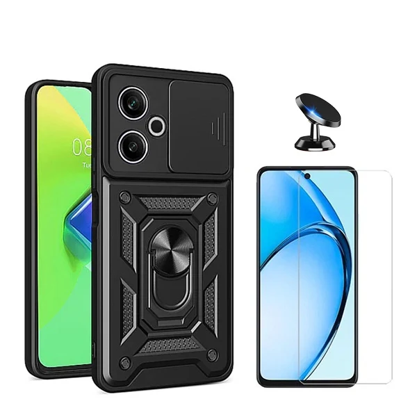 Kit Vidro Clearglass + Capa Magnetic Military Defender Slide Window + Suporte Magnético de Carro para Xiaomi Redmi 13 - Preto