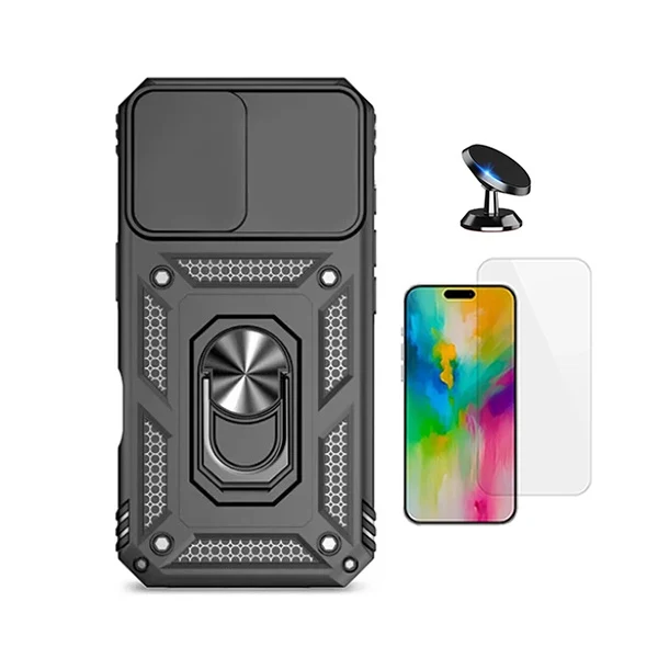 Kit Vidro Clearglass + Capa Magnetic Slide Window + Suporte Magnético PHONECARE Para Apple iPhone 17 - Preto