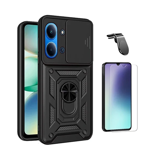 Kit Vidro Clearglass + Capa Magnetic Slide Window + Suporte L PHONECARE Para Xiaomi Redmi 15C - Preto