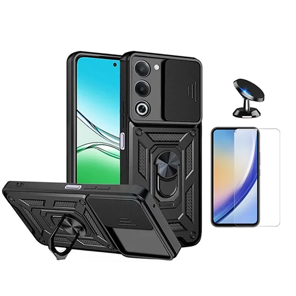 Kit Vidro Clearglass + Capa Magnetic Slide Window + Suporte Magnético PHONECARE Para Oppo A5 4G - Preto