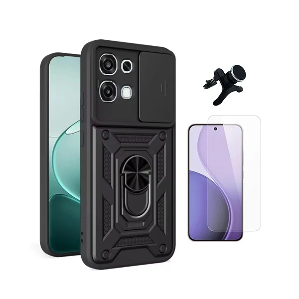 Kit Vidro Clearglass + Capa Magnetic Slide Window + Suporte Magnético Reforçado PHONECARE Para Oppo A6 Pro 4G - Preto