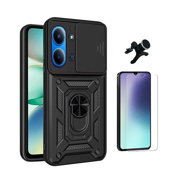Kit Vidro Clearglass + Capa Magnetic Slide Window + Suporte Magnético Reforçado PHONECARE Para Xiaomi Redmi 15C - Preto