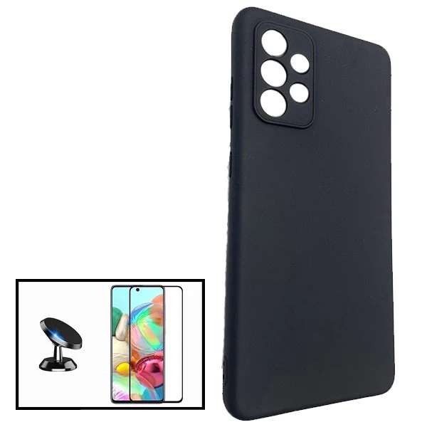 Kit Vidro Premium Full Cover + Capa Silicone Líquido + Suporte Magnético de Carro para Samsung Galaxy A72 5G - Preto