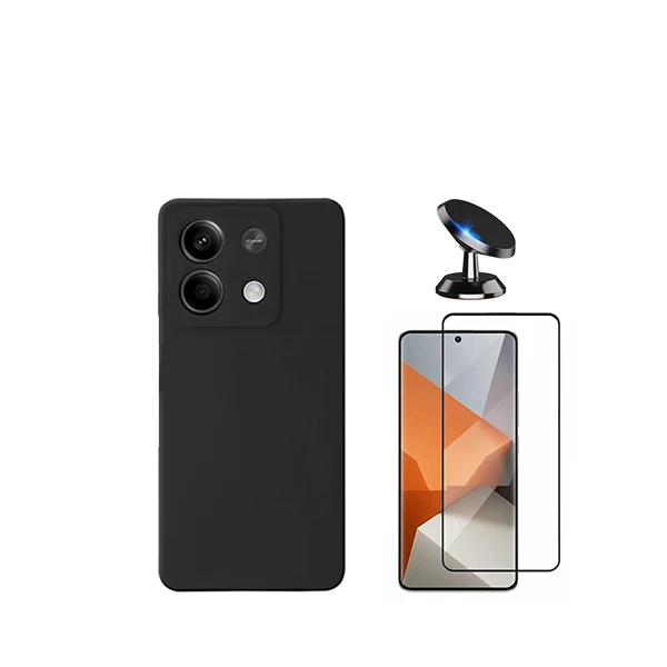 Kit Vidro Premium Full Cover + Capa Silicone Líquido + Suporte Magnético de Carro para Xiaomi Redmi Note 13 - Preto
