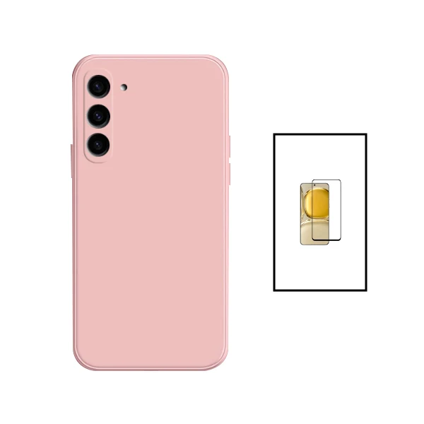 Kit Vidro Premium Full Cover + Capa Silicone Líquido para Samsung Galaxy S24 Plus + 5G - Rosa