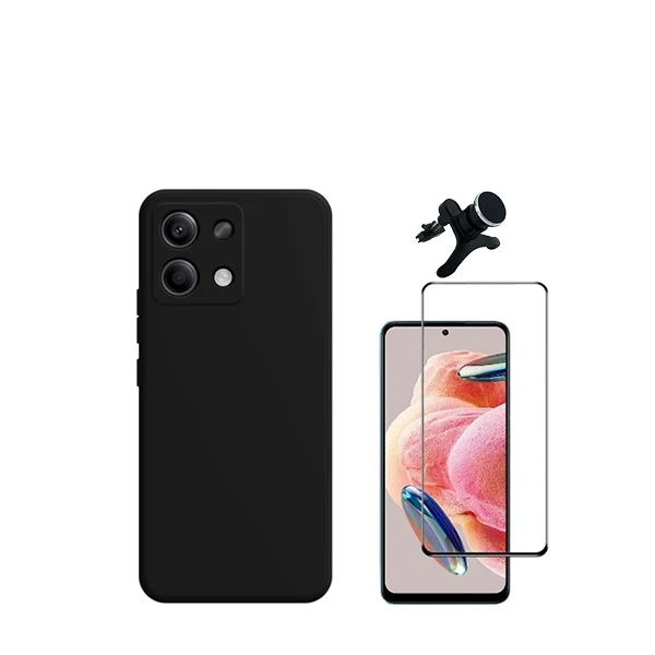 Kit Vidro Premium Full Cover + Capa Silicone Líquido + Suporte Magnético de Carro Reforçado para Xiaomi Redmi Note 13 4G -...