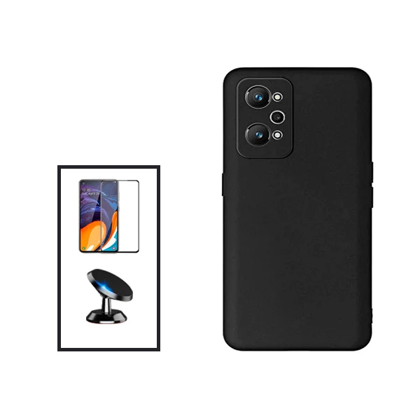 Kit Vidro Premium Full Cover + Capa Silicone Líquido + Suporte Magnético de Carro para Realme Gt Neo2 - Preto