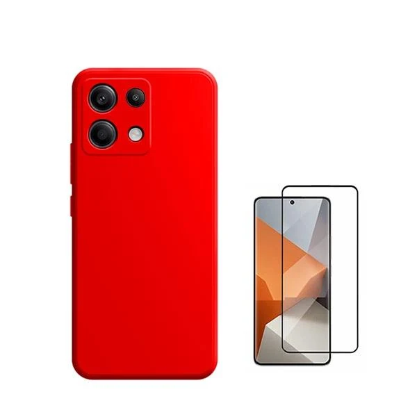 Kit Vidro Premium Full Cover + Capa Silicone Líquido para Xiaomi Poco X6 5G - Vermelha