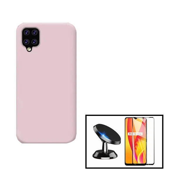 Kit Vidro Premium Full Cover + Capa Silicone Líquido + Suporte Magnético de Carro para Samsung Galaxy A12 - Rosa