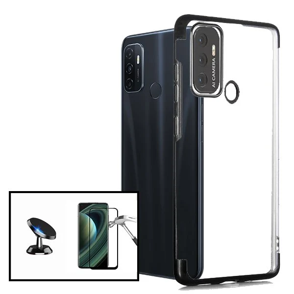Kit Vidro Premium Full Cover + Capa SlimArmor + Suporte Magnético de Carro para Oppo A53s - Preto