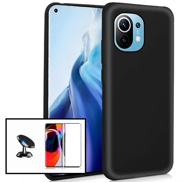 Kit Vidro Premium Full Cover + Capa Silicone Líquido + Suporte Magnético de Carro para Xiaomi Mi 11 - Preto