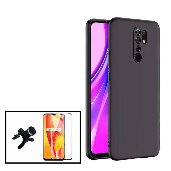 Kit Vidro Premium Full Cover + Capa Silicone Líquido + Suporte Magnético de Carro Reforçado para Xiaomi Redmi 9 - Preto