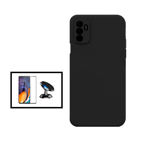 Kit Vidro Premium Full Cover + Capa Silicone Líquido + Suporte Magnético de Carro para Oppo A11s - Preto