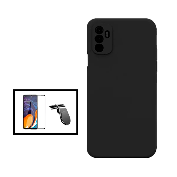Kit Vidro Premium Full Cover + Capa Silicone Líquido + Suporte Magnético L Safe Driving Carro para Oppo A11s - Preto