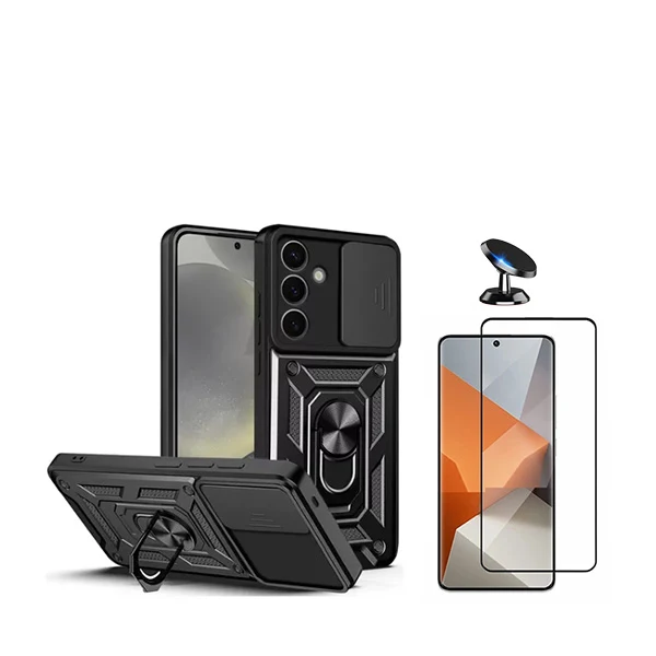 Kit Vidro Premium Full Cover + Capa Magnetic Military Defender Slide Window Anti-Impacto + Suporte Magnético de Carro para...