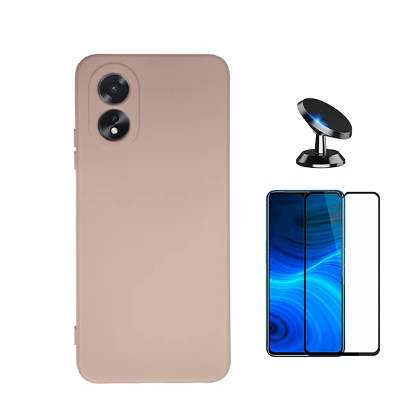Kit Vidro Premium Full Cover + Capa Silicone Líquido + Suporte Magnético de Carro para Oppo A38 4G - Rosa