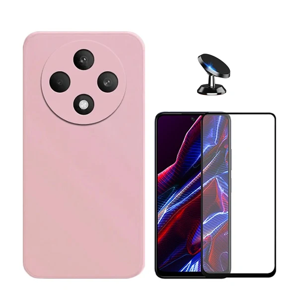Kit Vidro Premium Full Cover + Capa Silicone Líquido + Suporte Magnético de Carro para Oppo Reno12 F 4G - Rosa