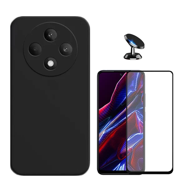 Kit Vidro Premium Full Cover + Capa Silicone Líquido + Suporte Magnético de Carro para Oppo Reno12 FS 5G - Preto