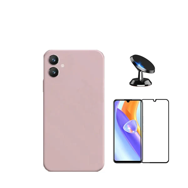 Kit Vidro Premium Full Cover + Capa Silicone Líquido + Suporte Magnético de Carro para Samsung Galaxy A05 - Rosa