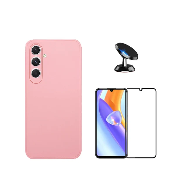 Kit Vidro Premium Full Cover + Capa Silicone Líquido + Suporte Magnético de Carro para Samsung Galaxy M15 - Rosa