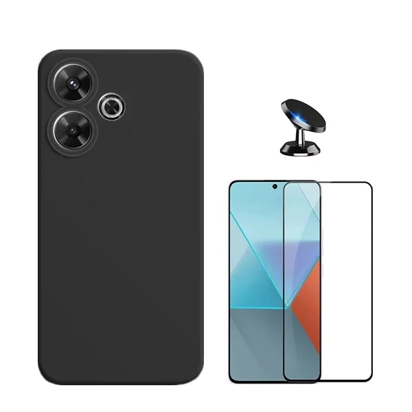 Kit Vidro Premium Full Cover + Capa Silicone Líquido + Suporte Magnético de Carro para Xiaomi Redmi 13 5G - Preto
