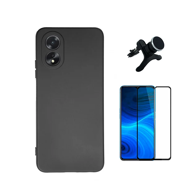 Kit Vidro Premium Full Cover + Capa Silicone Líquido + Suporte Magnético de Carro Reforçado para Oppo A38 4G - Preto