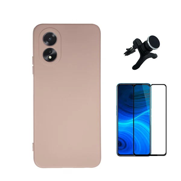 Kit Vidro Premium Full Cover + Capa Silicone Líquido + Suporte Magnético de Carro Reforçado para Oppo A38 4G - Rosa