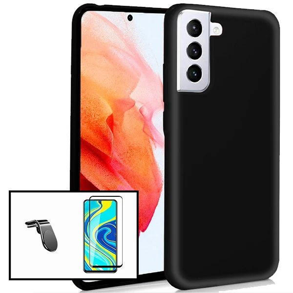 Kit Vidro Premium Full Cover + Capa Silicone Líquido + Suporte Magnético L Safe Driving Carro para Samsung Galaxy S21+ 5G...