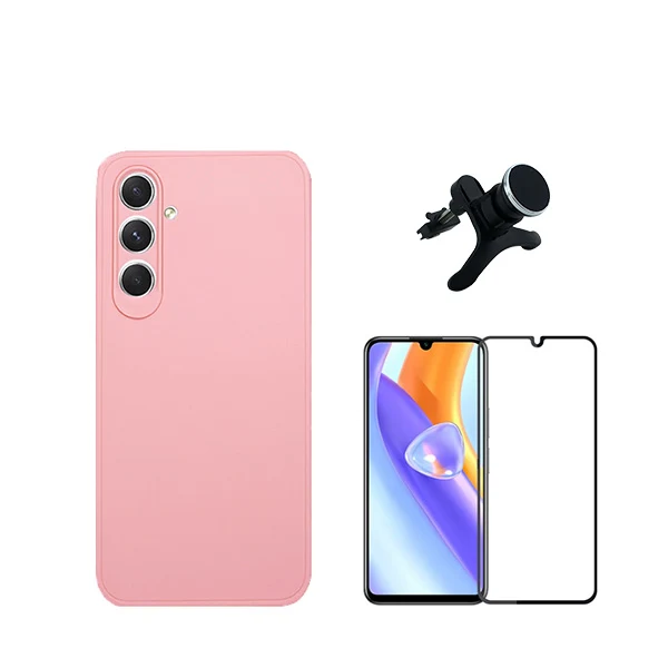 Kit Vidro Premium Full Cover + Capa Silicone Líquido + Suporte Magnético de Carro Reforçado para Samsung Galaxy M15 - Rosa
