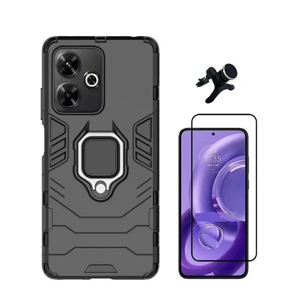 Kit Vidro Premium Full Cover + Capa 3x1 Military Defender + Suporte Magnético de Carro Reforçado para Xiaomi Poco M6 4G -...