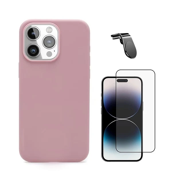 Kit Vidro Premium Full Cover + Capa Silicone Líquido + Suporte Magnético L Safe Driving Carro para Apple iPhone 16 Pro - Rosa