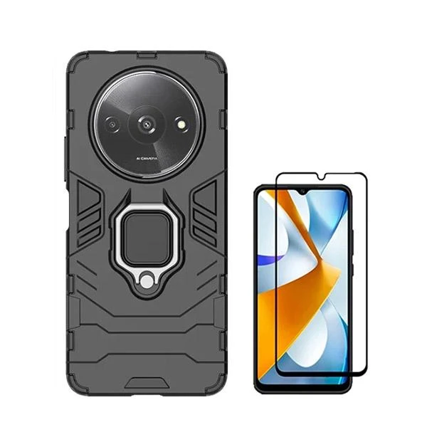 Kit Vidro Premium Full Cover + Capa 3X1 Military Defender para Xiaomi Redmi A3 - Preto