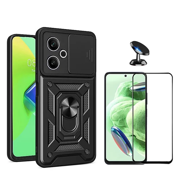 Kit Vidro Premium Full Cover + Capa Magnetic Military Defender Slide + Suporte Magnético de Carro para Xiaomi Redmi 13 - P...
