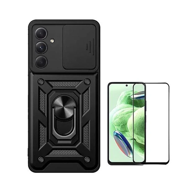 Kit Vidro Premium Full Cover + Capa Magnetic Military Defender Slide Window Anti-Impacto para Samsung Galaxy A55 5G - Preto