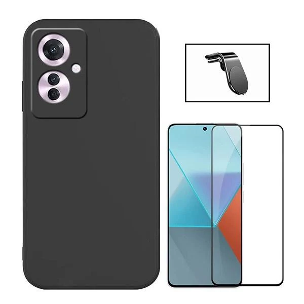 Kit Vidro Premium Full Cover + Capa Silicone Líquido + Suporte Magnético L Safe Driving Carro para Oppo Reno11 F - Preto