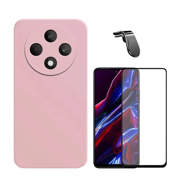 Kit Vidro Premium Full Cover + Capa Silicone Líquido + Suporte Magnético L Safe Driving Carro para Oppo Reno12 FS 4G - Rosa