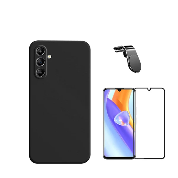 Kit Vidro Premium Full Cover + Capa Silicone Líquido + Suporte Magnético L Safe Driving Carro para Samsung Galaxy A15 - Preto