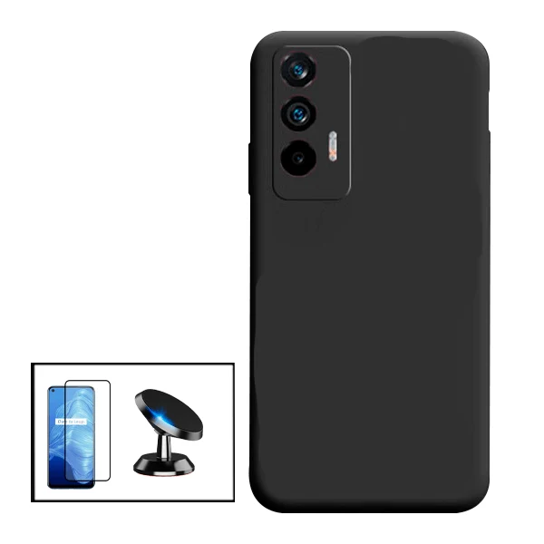 Kit Vidro Premium Full Cover + Capa Silicone Líquido + Suporte Magnético de Carro para Realme Q3 Pro 5G