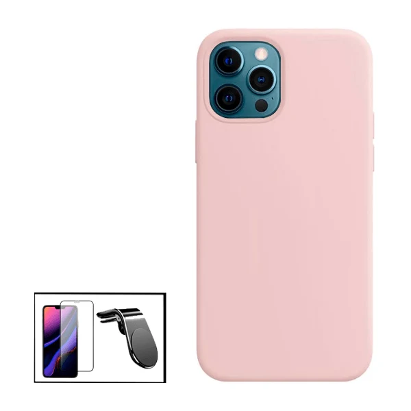 Kit Vidro Premium Full Cover + Capa Silicone Líquido + Suporte Magnético de Carro Reforçado para Apple iPhone 13 Pro - Rosa