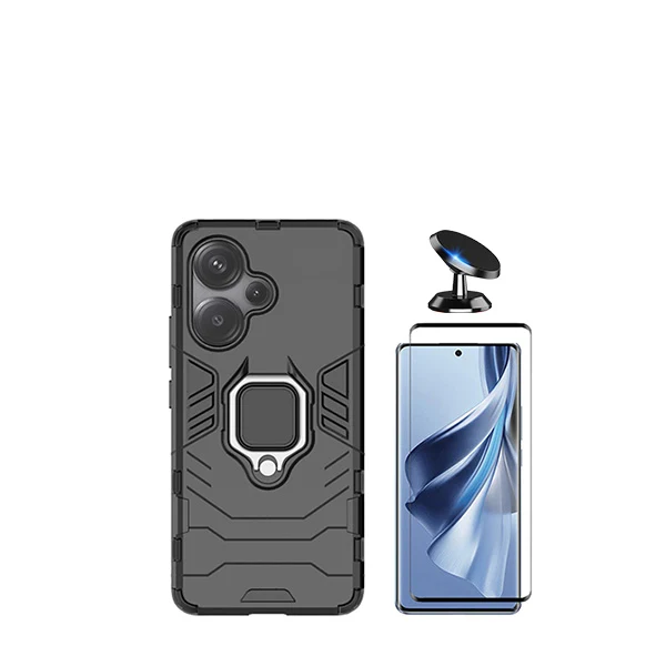 Kit Vidro Premium Full Cover + Capa 3X1 Military Defender + Suporte Magnético de Carro para Xiaomi Redmi Note 13 Pro+ - Preto